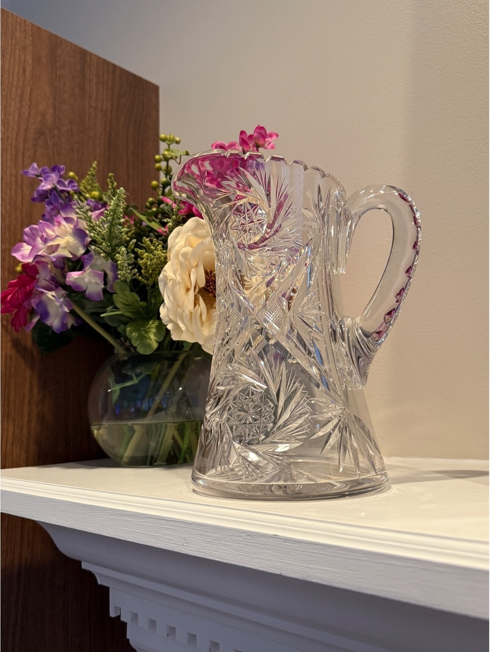 Vintage Heavy Cut Crystal Pitcher 9” Tall 4 lb 11 oz Starburst Floral
